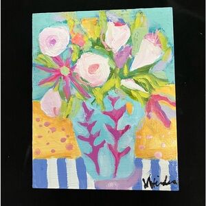 -Pink Spring Flowers In Blue Vase an Acrylic  Original Painting  10”x8”x2”